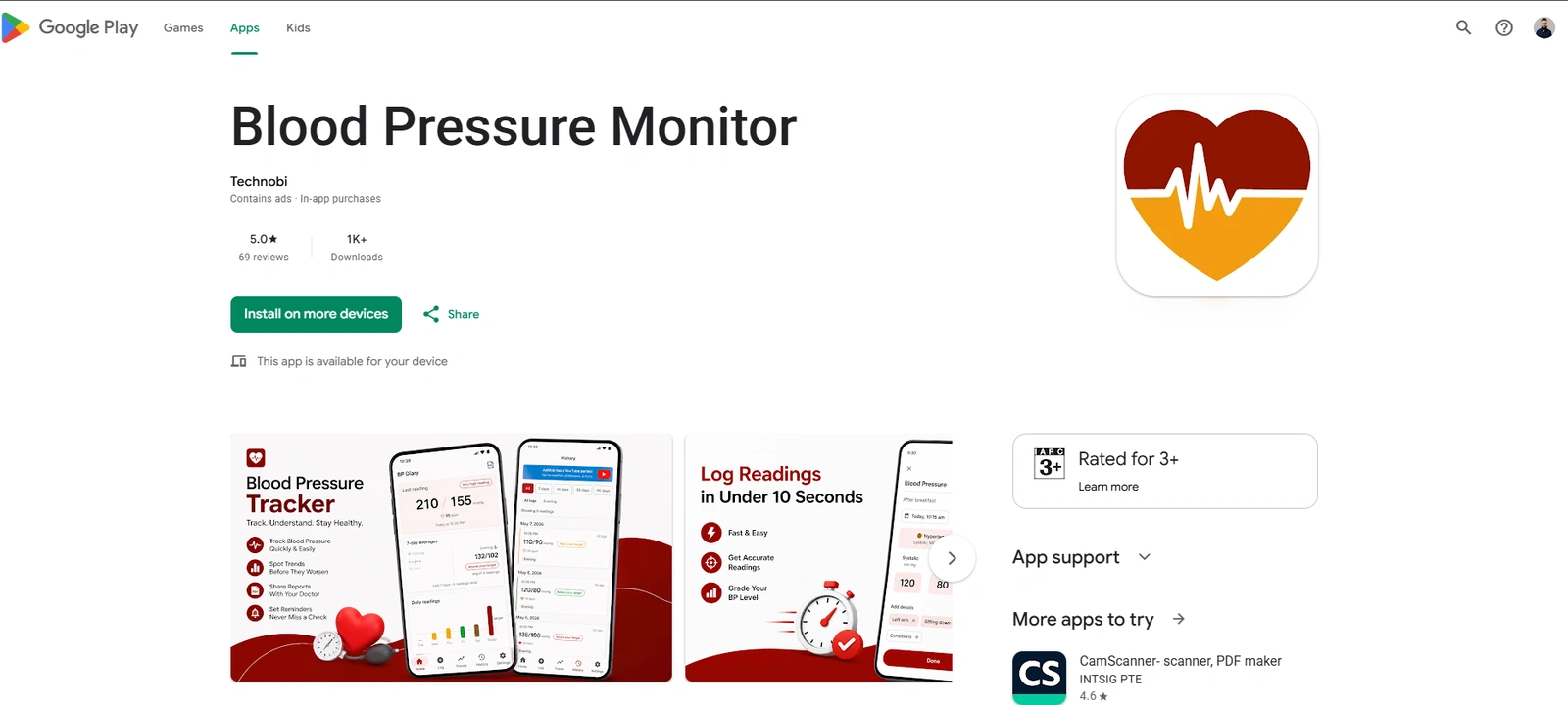 Blood Pressure Monitor listing on Google Play, published by Technobi