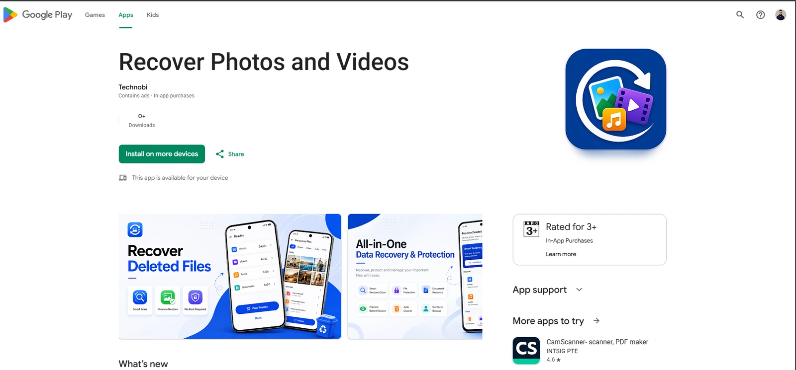 Recover Photos and Videos listing on Google Play, published by Technobi