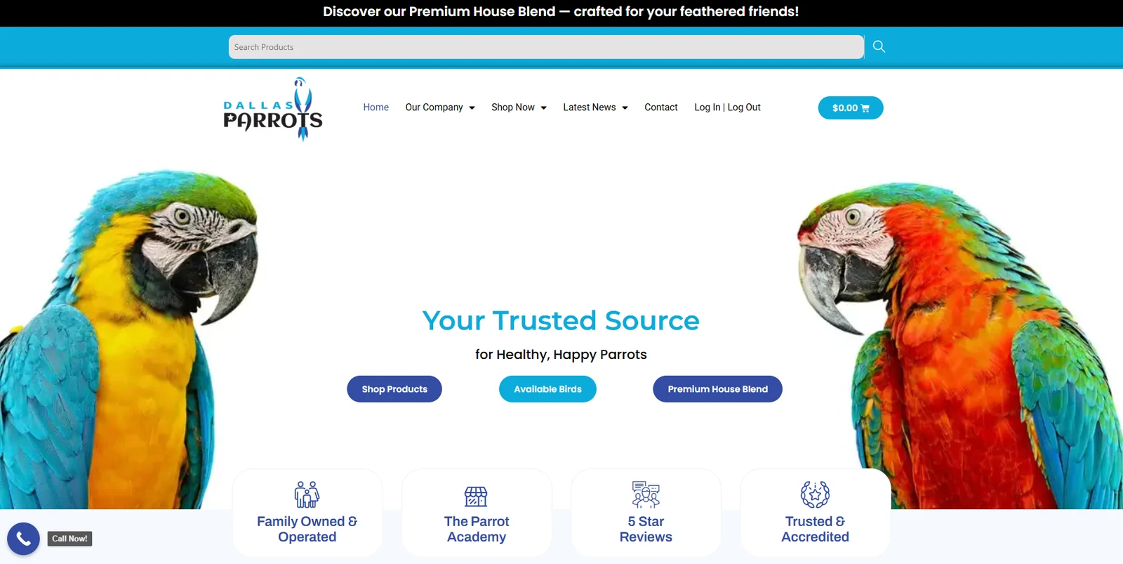 Dallas Parrots ecommerce storefront and product pages