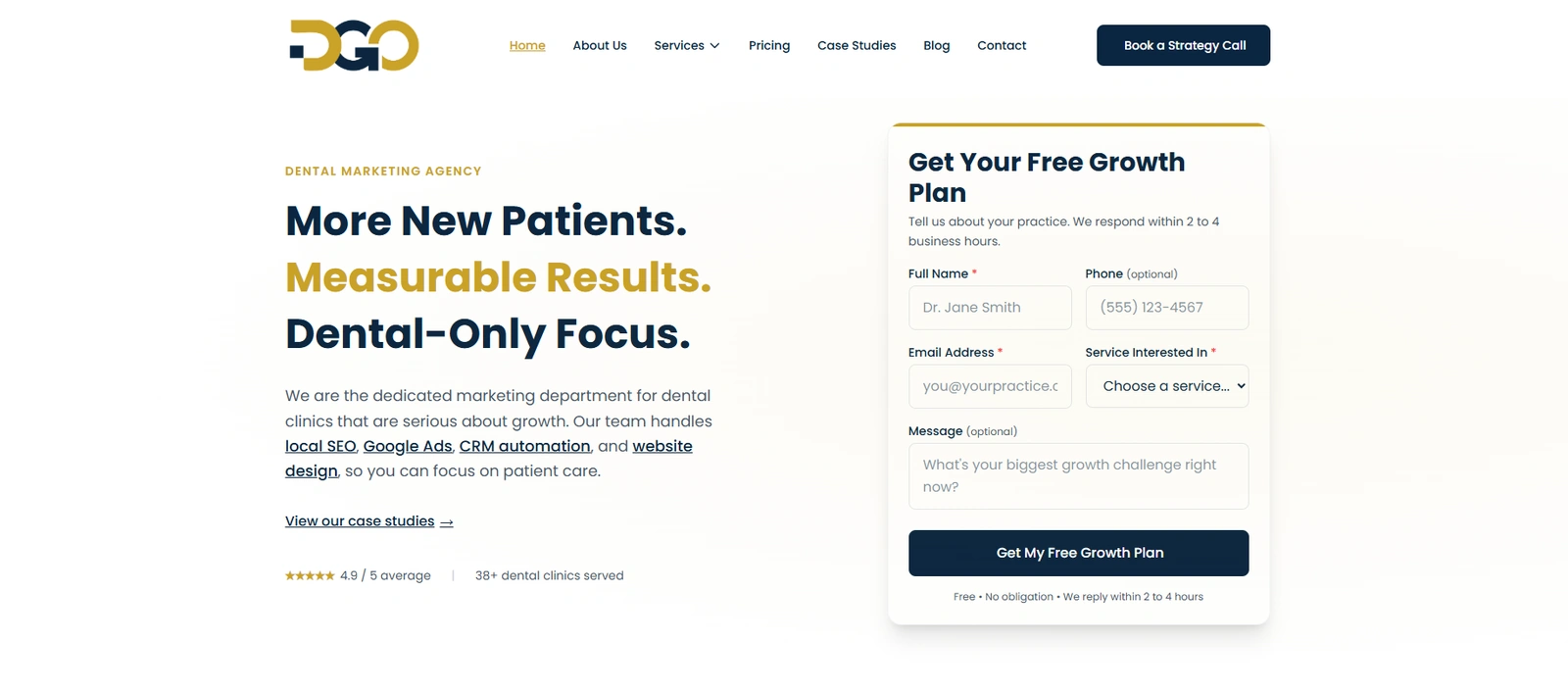 Dental Growth Ops website homepage with a free growth plan enquiry form